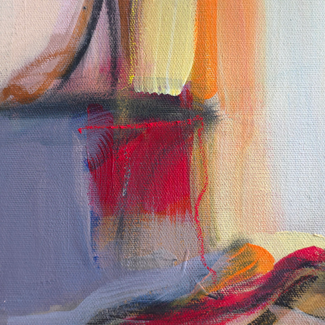 Abstract painting on textured canvas featuring expressive brushstrokes in red, yellow, orange, blue, and purple tones.