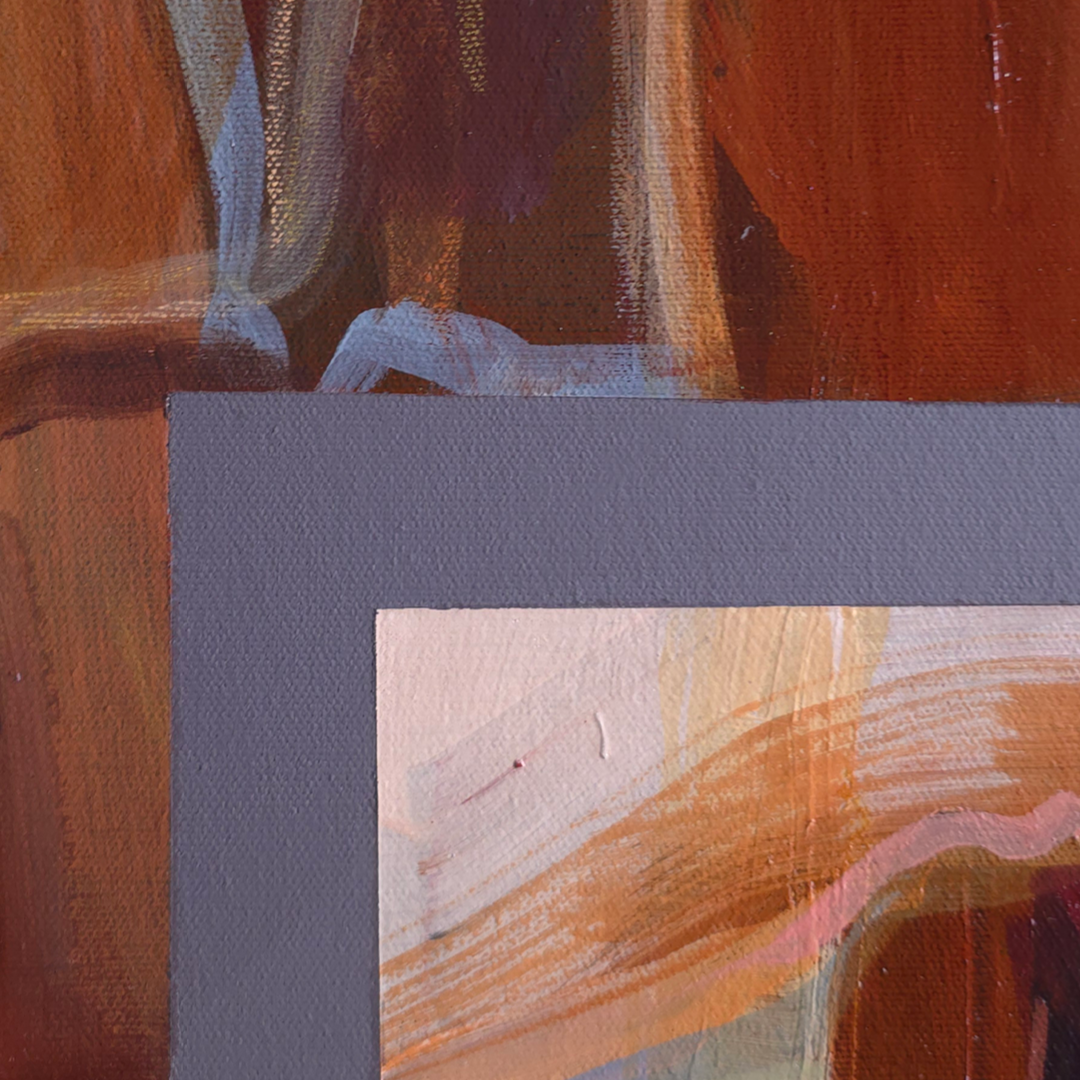 Close-up detail of an abstract painting showing textured brushstrokes in warm brown, orange, cream, and muted blue-gray tones, with a prominent dark gray rectangular form in the foreground.