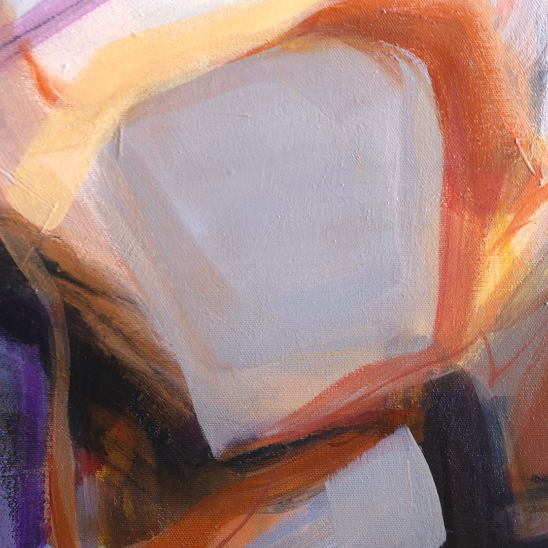 Abstract expressionist painting with expressive brushstrokes in orange, white, purple, brown, and black.