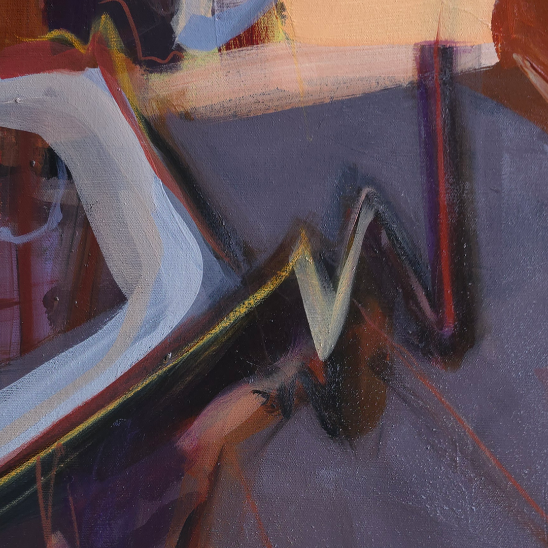 Abstract painting with expressive brushstrokes in dark gray, purple, orange, red, black, and white, filling the entire frame.