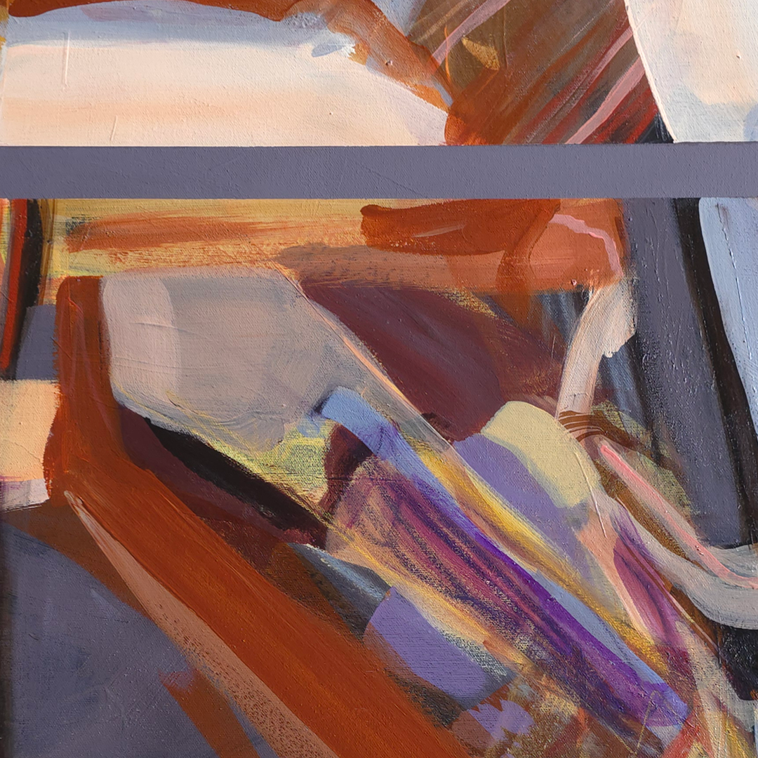 Abstract painting with expressive brushstrokes in orange, purple, cream, gray, and touches of yellow and black.