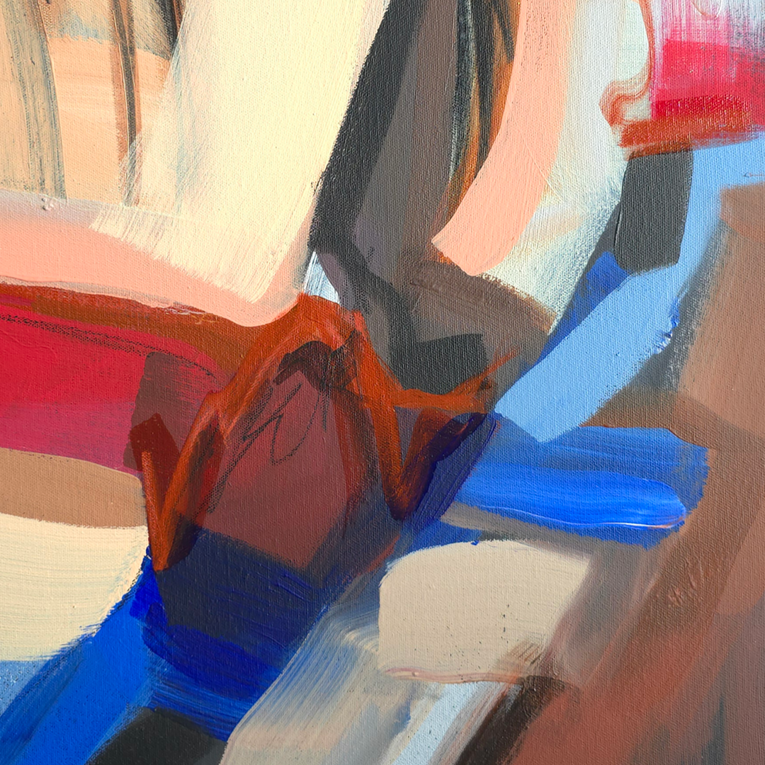 Abstract painting with expressive brushstrokes in cream, peach, red, blue, brown, black, and gray.