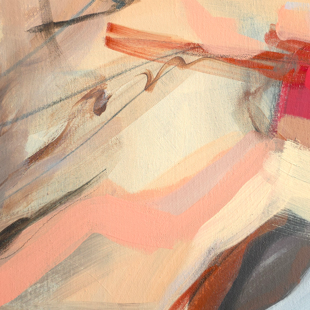 Abstract painting with layered brushstrokes in cream, blush pink, terracotta red, brown, black, and touches of blue and purple.