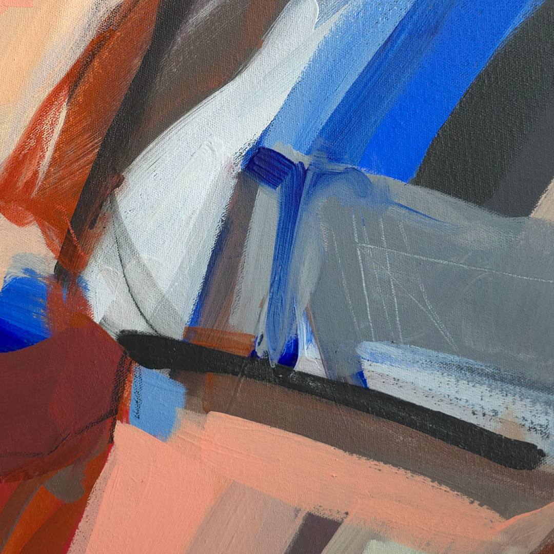 Abstract painting with expressive brushstrokes in blue, gray, peach, rust, brown, black, and white.