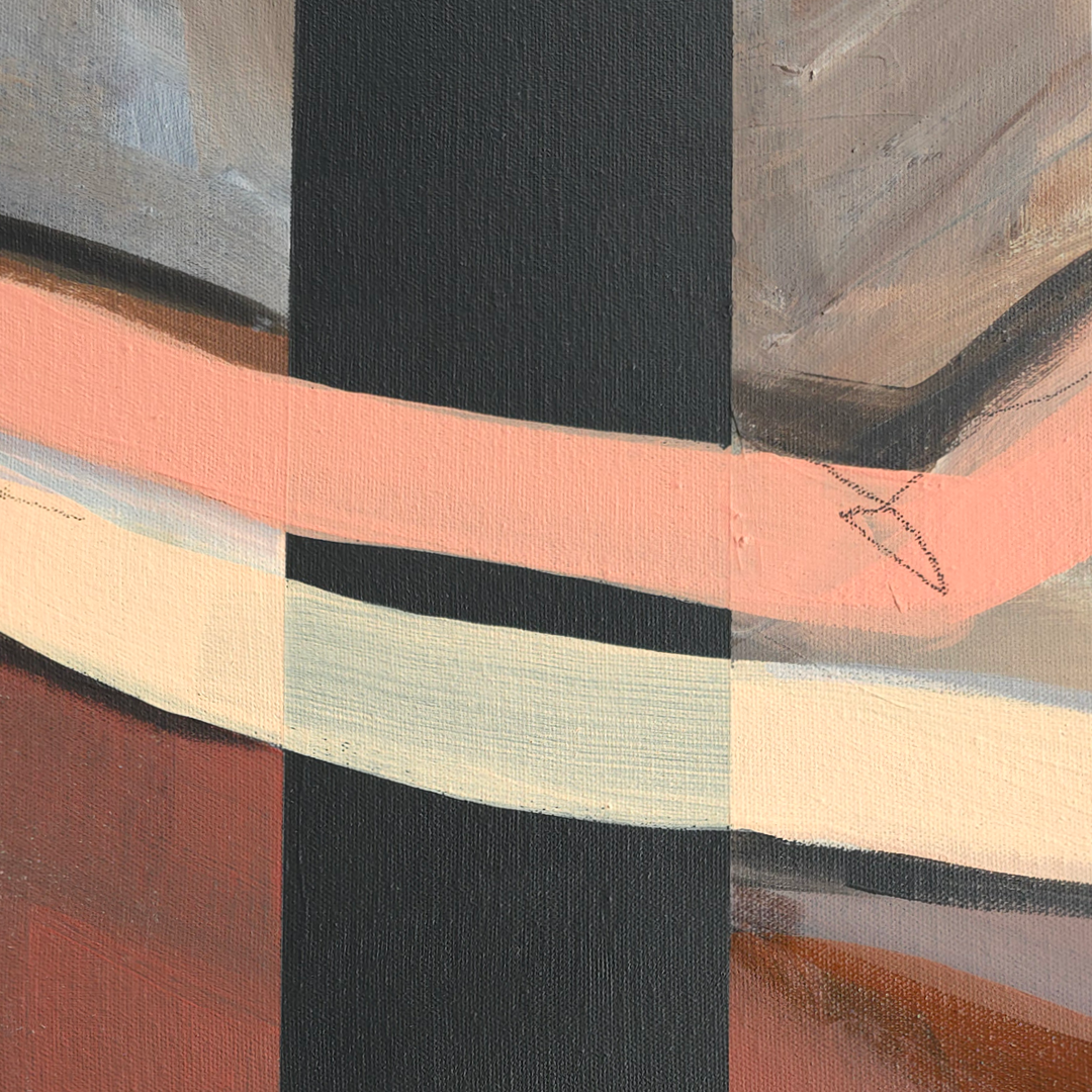 Abstract geometric painting with thick brushstrokes featuring a prominent vertical black stripe, a horizontal peach-pink band, cream sections, terracotta areas, and gray tones.