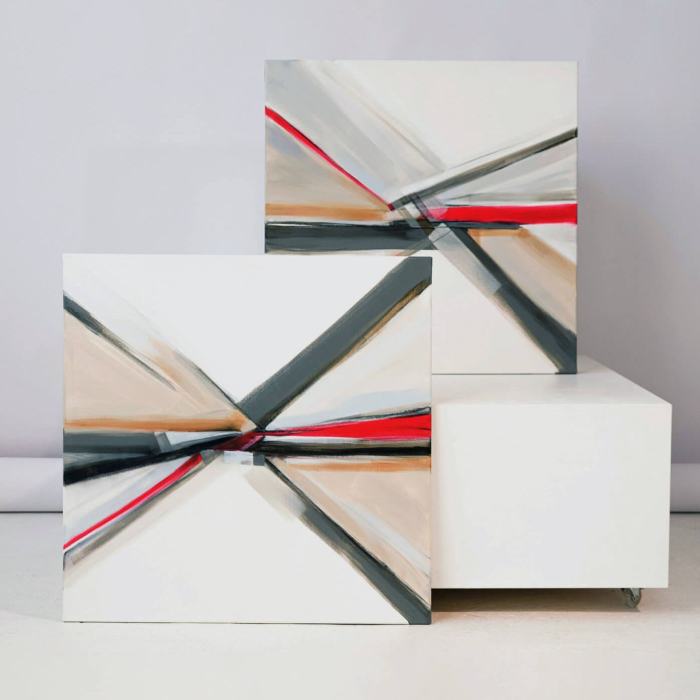 One-of-a-kind abstract painting CROSSROADS ROADS by Laura Treimane Saulaja. 80x80cm 31.4"x31.4" Acrylic | Mixed Media on canvas. Gray, red, burnt sienna, black and white colors. Stretched canvas. Ready to hang. Unframed. Painting for modern interiors. Contemporary painting. Together with second painting IN THE CENTER OF THE JUNCTION