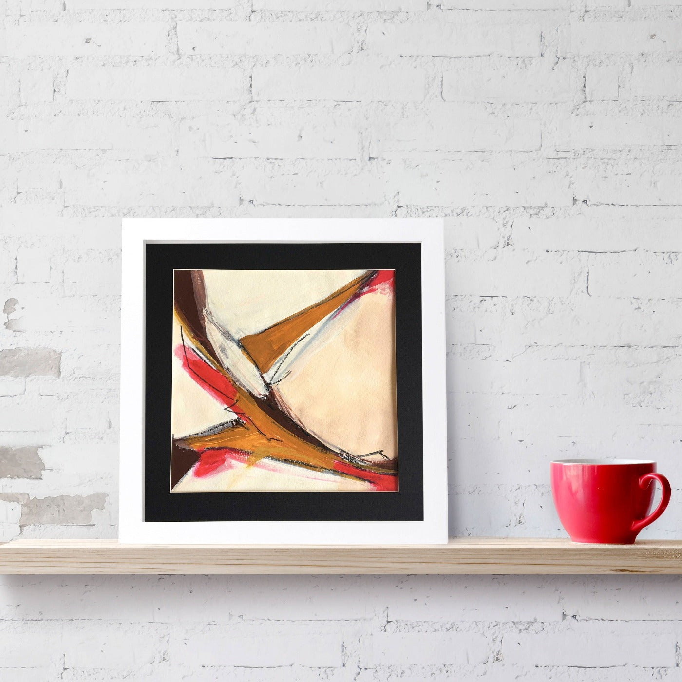 One-of-a-kind mixed media artwork in light yellow, warm white, raw sienna, brown, red and black colors. Intuitive landscape composition in the artist's art practice. Framed in black, matt paper frame. Mockup