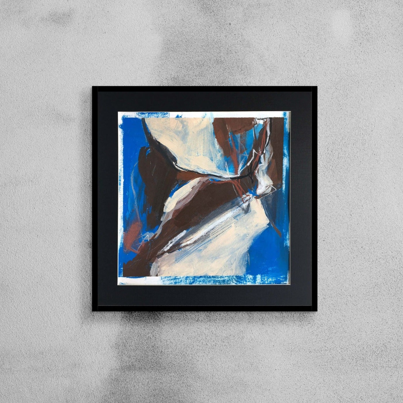 35x35cm 13.7"x13.7" Acrylic | Mixed Media on paper. One-of-a-kind mixed media artwork in Azur blue, warm gray, white, burnt sienna, and black colors. Intuitive composition in the artist's art practice. Framed in black, matt paper frame.