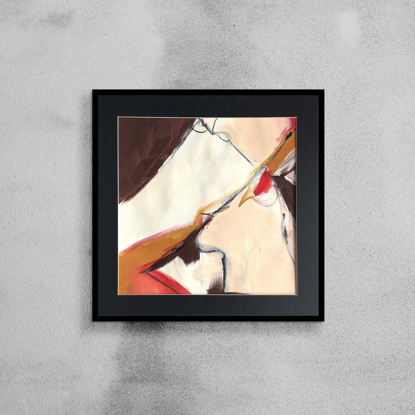 One-of-a-kind mixed media artwork in warm gray, white, Naples yellow light, red, raw sienna, and black colors. Intuitive composition in the artist's art practice. Framed in black, matt paper frame. Mockup