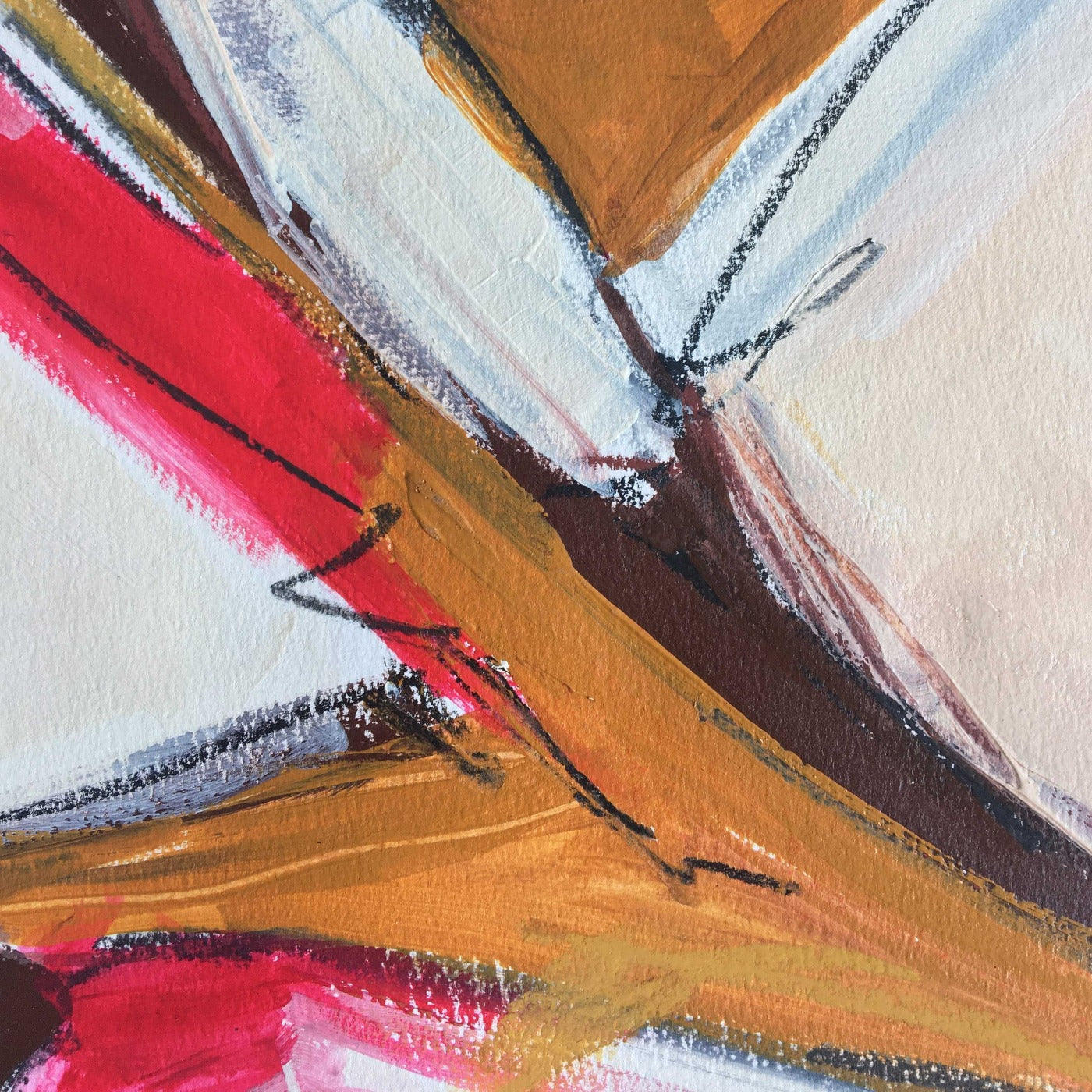 One-of-a-kind mixed media artwork in light yellow, warm white, raw sienna, brown, red and black colors. Intuitive landscape composition in the artist's art practice. Framed in black, matt paper frame. Detail