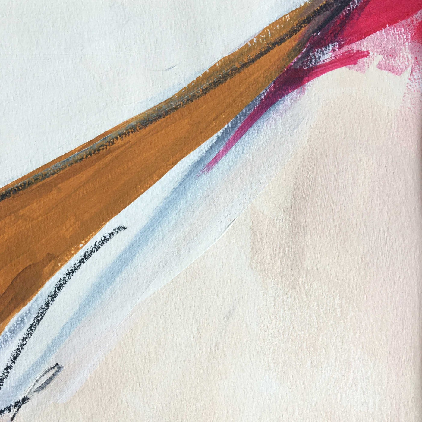 One-of-a-kind mixed media artwork in light yellow, warm white, raw sienna, brown, red and black colors. Intuitive landscape composition in the artist's art practice. Framed in black, matt paper frame. Detail