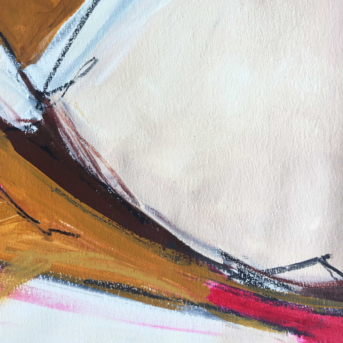 One-of-a-kind mixed media artwork in light yellow, warm white, raw sienna, brown, red and black colors. Intuitive landscape composition in the artist's art practice. Framed in black, matt paper frame.  Detail