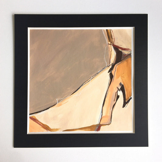 One-of-a-kind mixed media artwork in warm gray, white, light ochre, raw sienna, and black colors. Intuitive composition in the artist's art practice. Framed in black, matt paper frame.