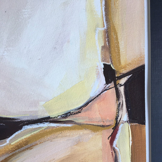 One-of-a-kind mixed media artwork in warm gray, brown, white, light ochre, raw sienna, and black colors. Intuitive landscape composition in the artist's art practice. Framed in black, matt paper frame. Detail