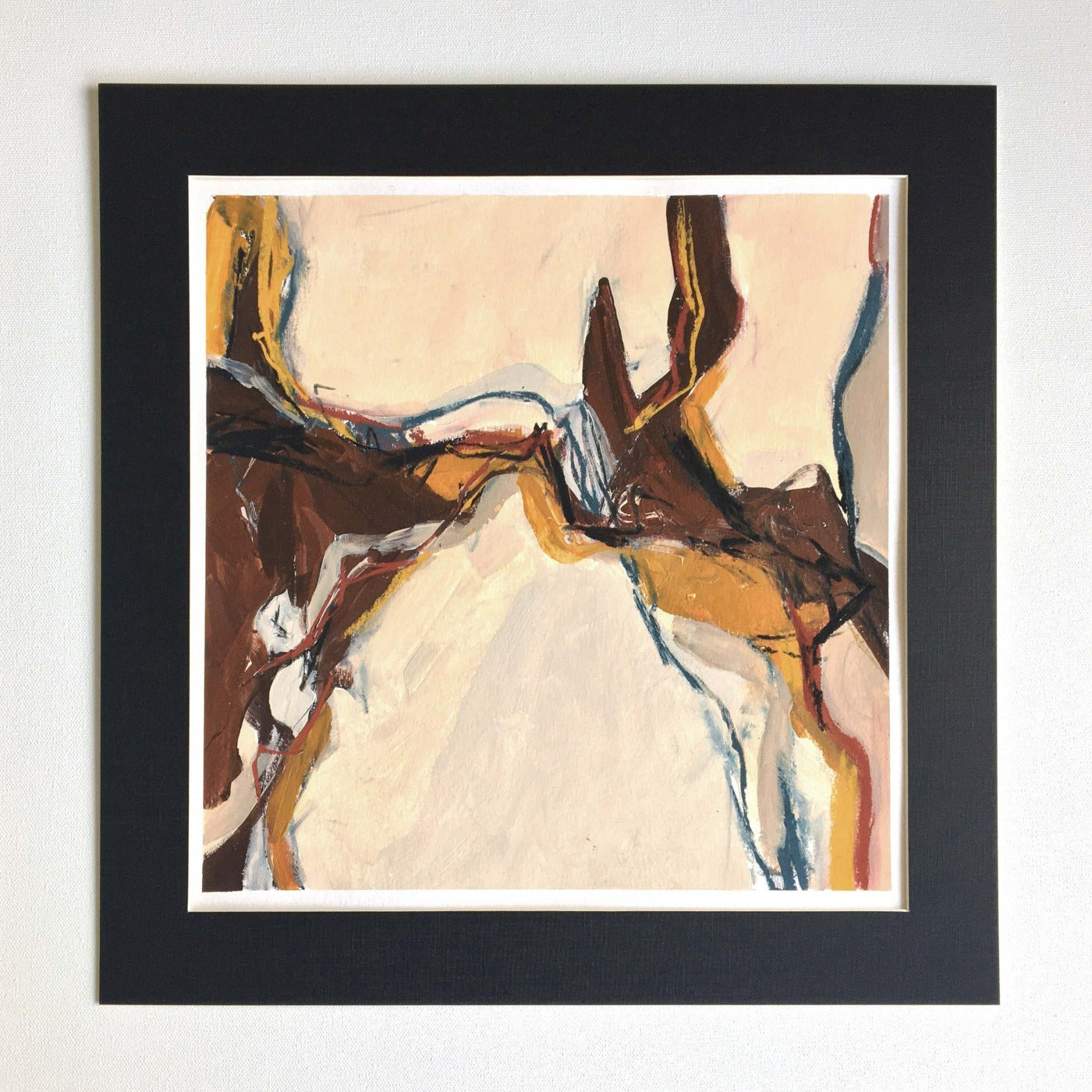 One-of-a-kind mixed media artwork in warm gray, white, light ochre, raw sienna, burnt sienna, and black colors. Intuitive composition in the artist's art practice. Framed in black, matt paper frame.