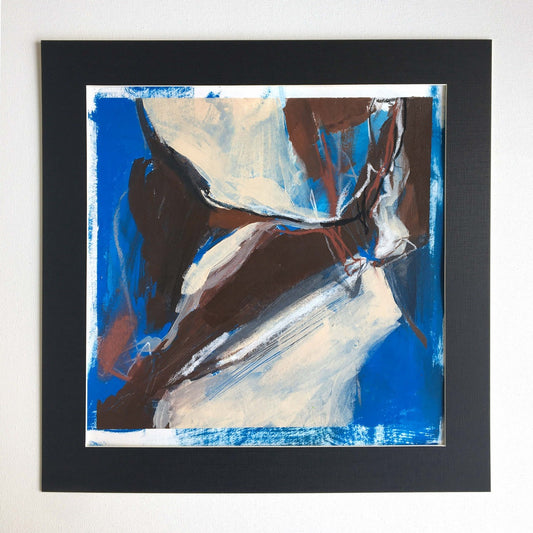 35x35cm 13.7"x13.7" Acrylic | Mixed Media on paper. One-of-a-kind mixed media artwork in Azur blue, warm gray, white, burnt sienna, and black colors. Framed in black, matt paper frame 35x35cm 