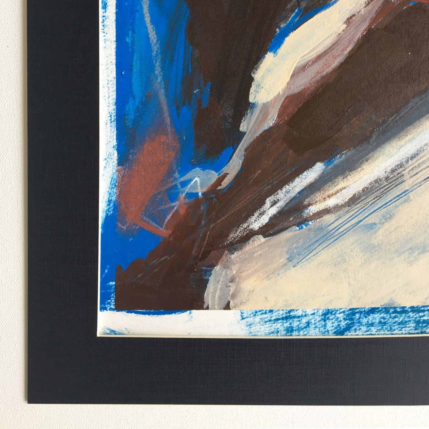 One-of-a-kind mixed media artwork in Azur blue, warm gray, white, burnt sienna, and black colors. Detail with frame