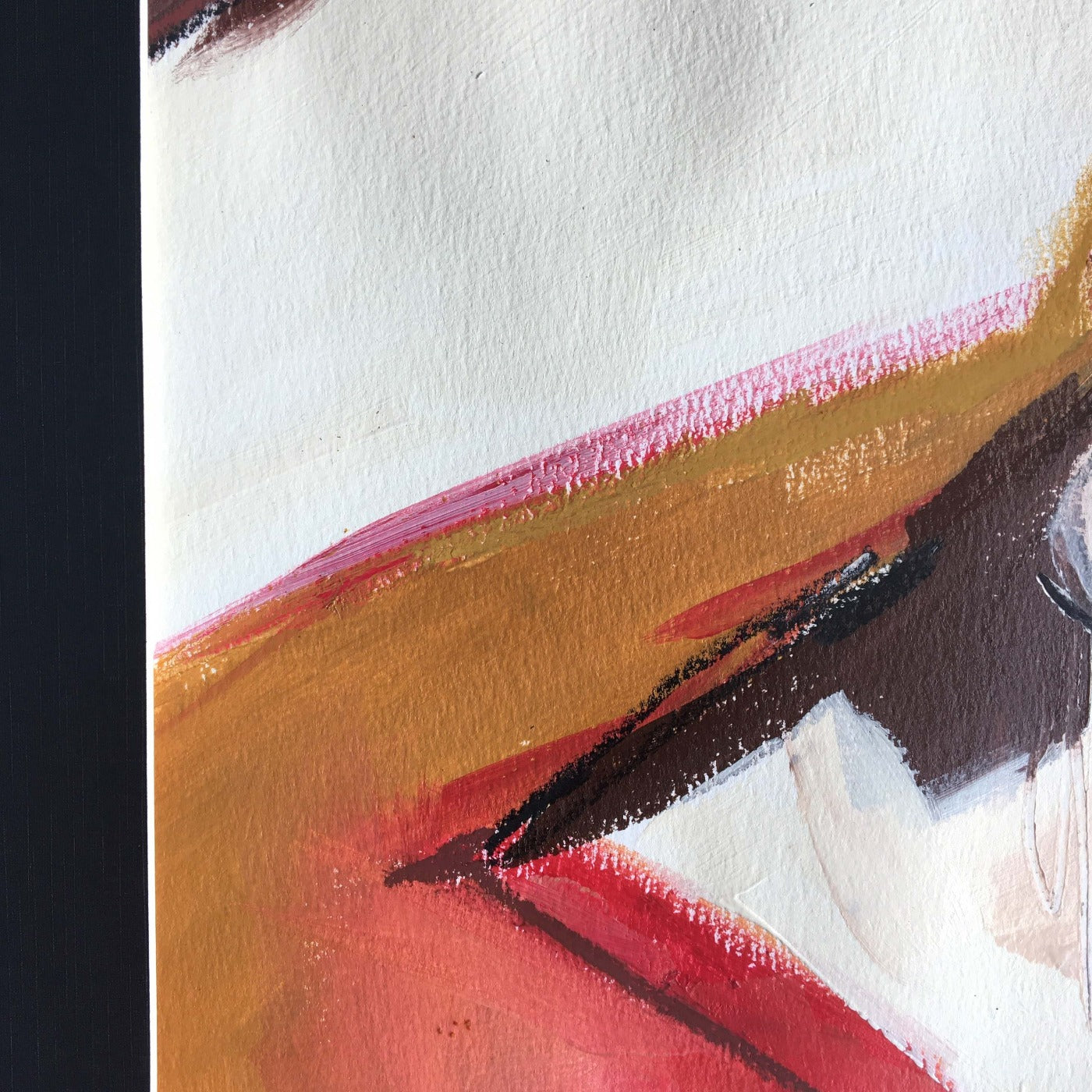 One-of-a-kind mixed media artwork in warm gray, white, Naples yellow light, red, raw sienna, and black colors. Intuitive composition in the artist's art practice. Framed in black, matt paper frame. Detail