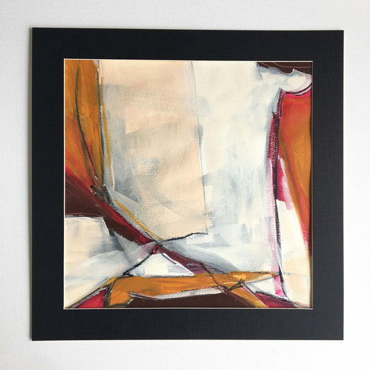 35x35cm 13.7"x13.7" Acrylic | Mixed Media on paper. One-of-a-kind mixed media artwork in warm gray, white, Naples yellow light, red, raw sienna, and black colors. Intuitive composition in the artist's art practice. Framed in black, matt paper frame.