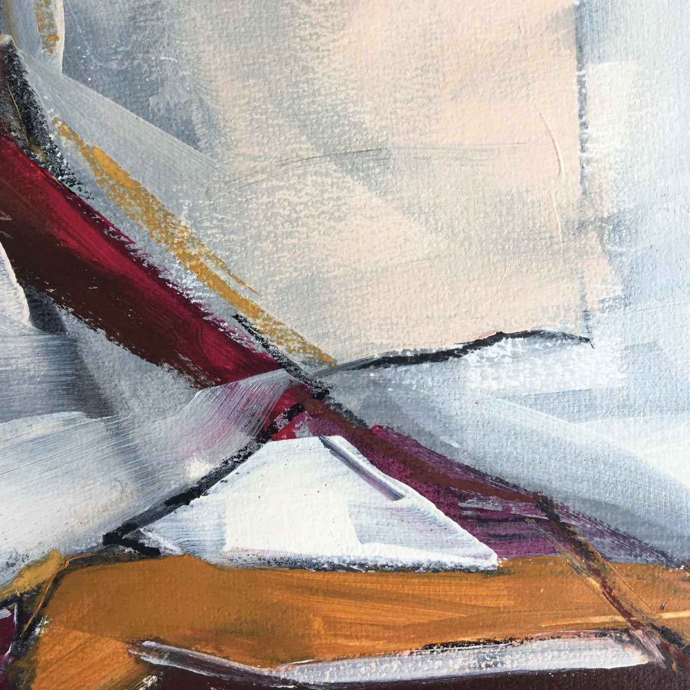 One-of-a-kind mixed media artwork in warm gray, white, Naples yellow light, red, raw sienna, and black colors. Intuitive composition in the artist's art practice. Framed in black, matt paper frame. Detail