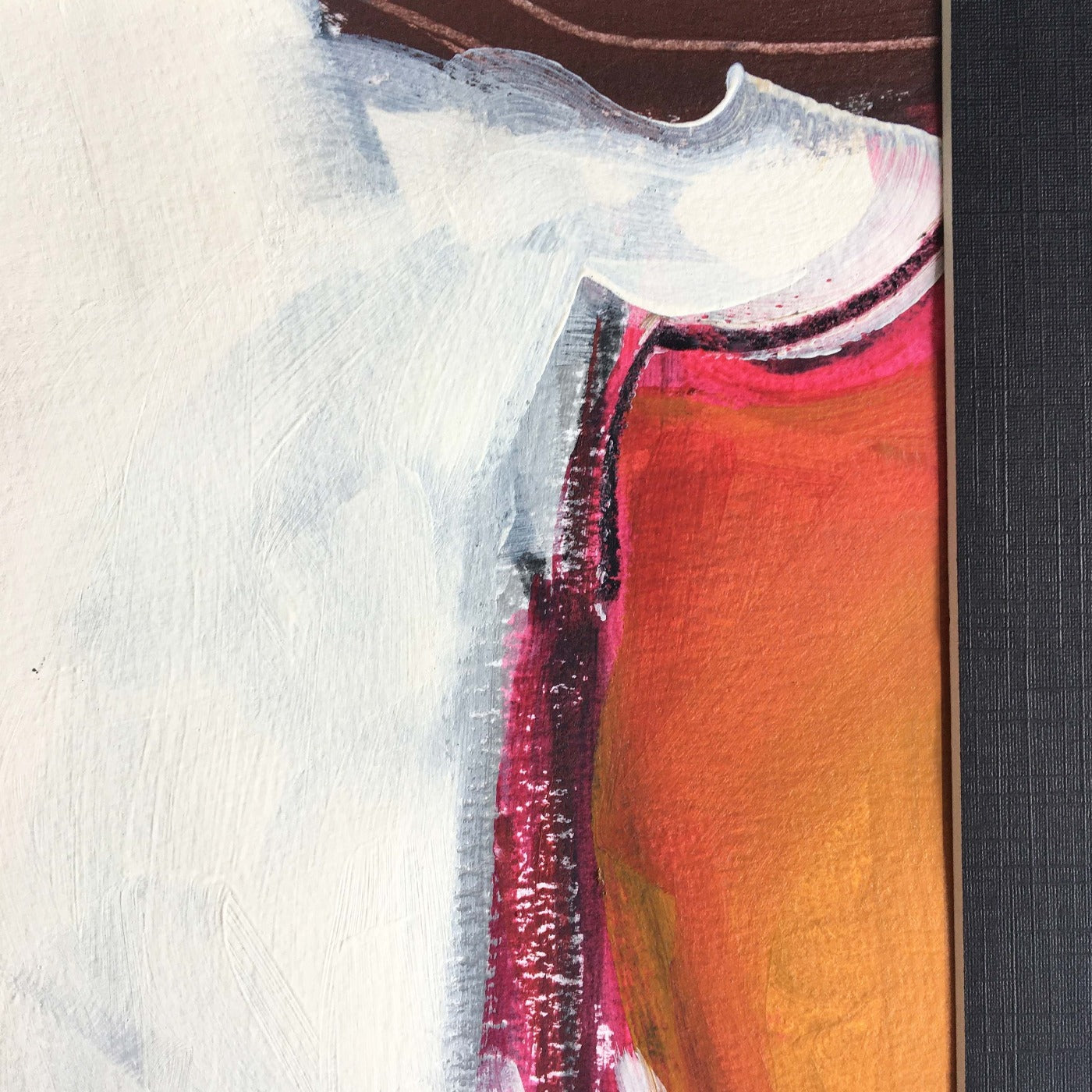 One-of-a-kind mixed media artwork in warm gray, white, Naples yellow light, red, raw sienna, and black colors. Intuitive composition in the artist's art practice. Framed in black, matt paper frame. Detail