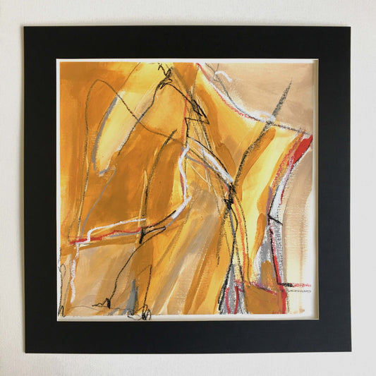 35x35cm 13.7"x13.7" Acrylic | Mixed Media on paper. One-of-a-kind mixed media artwork in ochre, warm gray, white, burnt sienna, red, and black colors. Intuitive composition in the artist's art practice. Framed in black, matt paper frame.