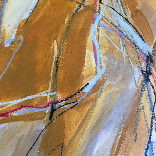 Acrylic | Mixed Media on paper. One-of-a-kind mixed media artwork in ochre, warm gray, white, burnt sienna, red, and black colors. Intuitive composition in the artist's art practice. Framed in black, matt paper frame. Detail