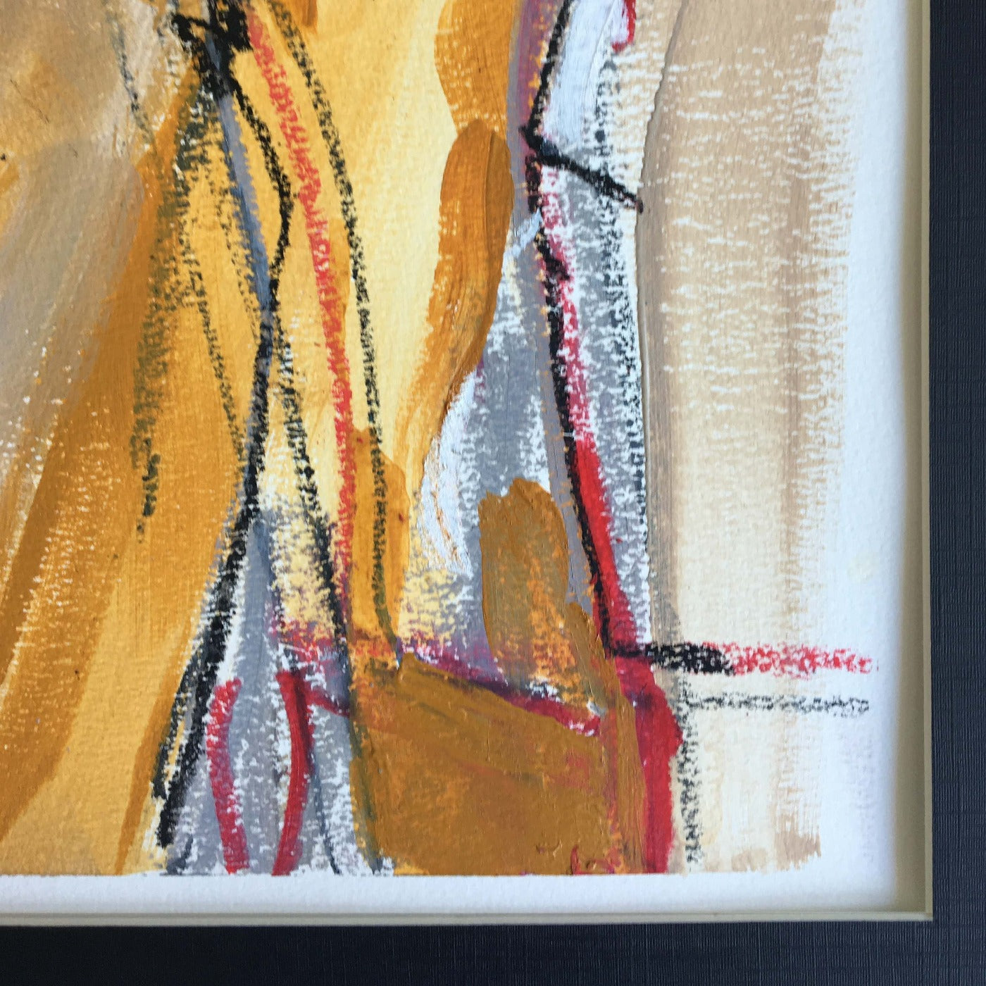 Acrylic | Mixed Media on paper. One-of-a-kind mixed media artwork in ochre, warm gray, white, burnt sienna, red, and black colors. Intuitive composition in the artist's art practice. Framed in black, matt paper frame. Detail