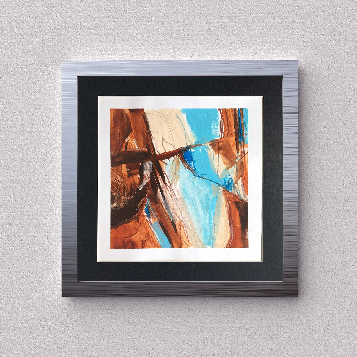 One-of-a-kind mixed media artwork in burnt umber, burnt sienna, sky blue light, white, warm gray, and black colors. Intuitive composition in the artist's art practice. Framed in black, matt paper frame. Mockup