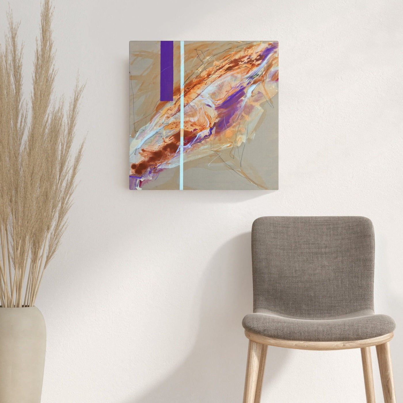 Abstract painting in naples yellow, burnt sienna, lilac, and pink colors. The artwork is made with acrylic colors and mixed media. Mockup