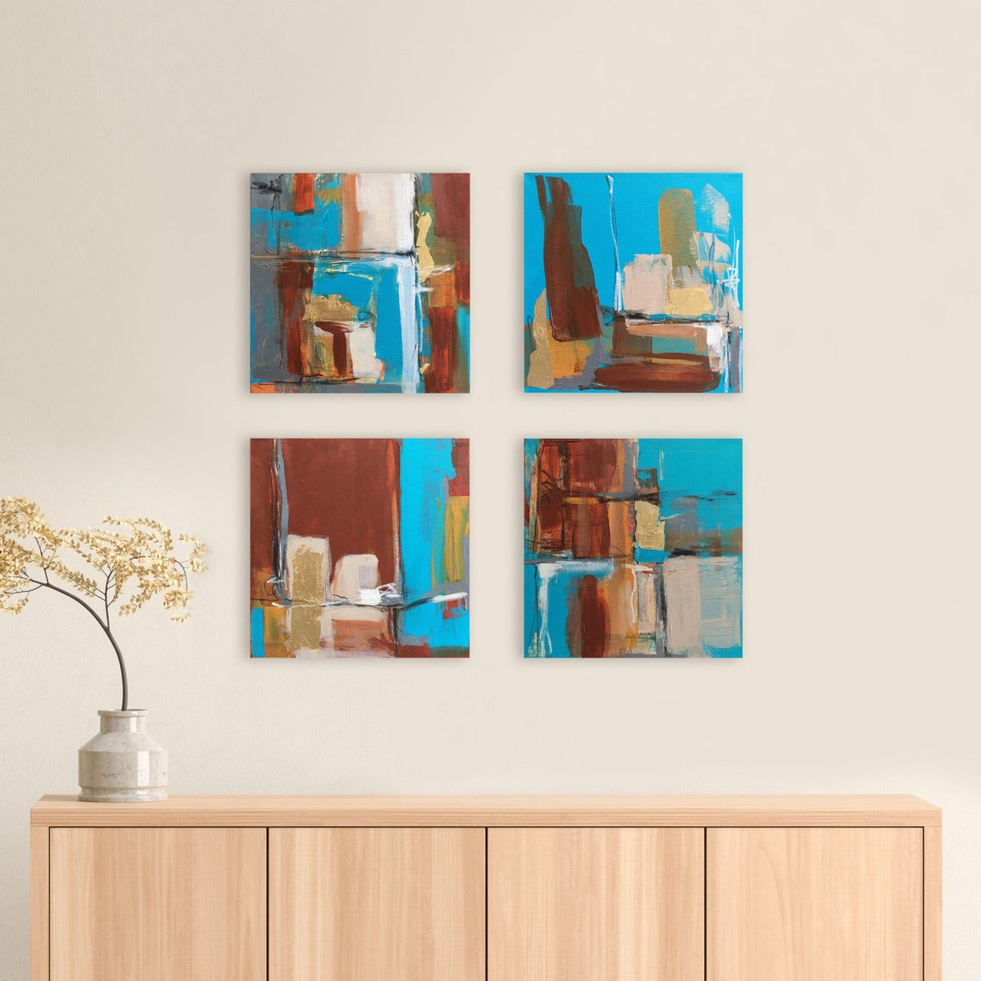 Abstract painting in burnt sienna, light blue, white colors, and gold foil. The artwork is made with acrylic colors and mixed media. Detail