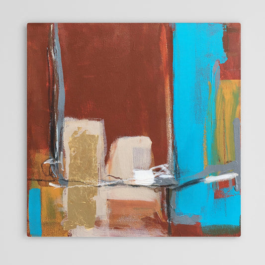 Abstract painting in burnt sienna, light blue, white colors, and gold foil. The artwork is made with acrylic colors and mixed media.