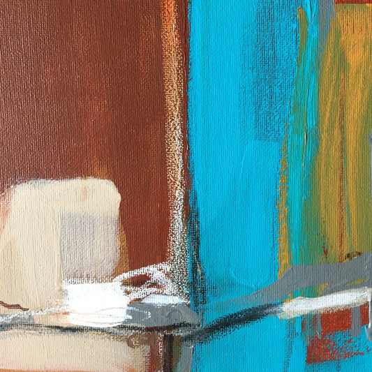 Abstract painting in burnt sienna, light blue, white colors, and gold foil. The artwork is made with acrylic colors and mixed media. Detail of artwork