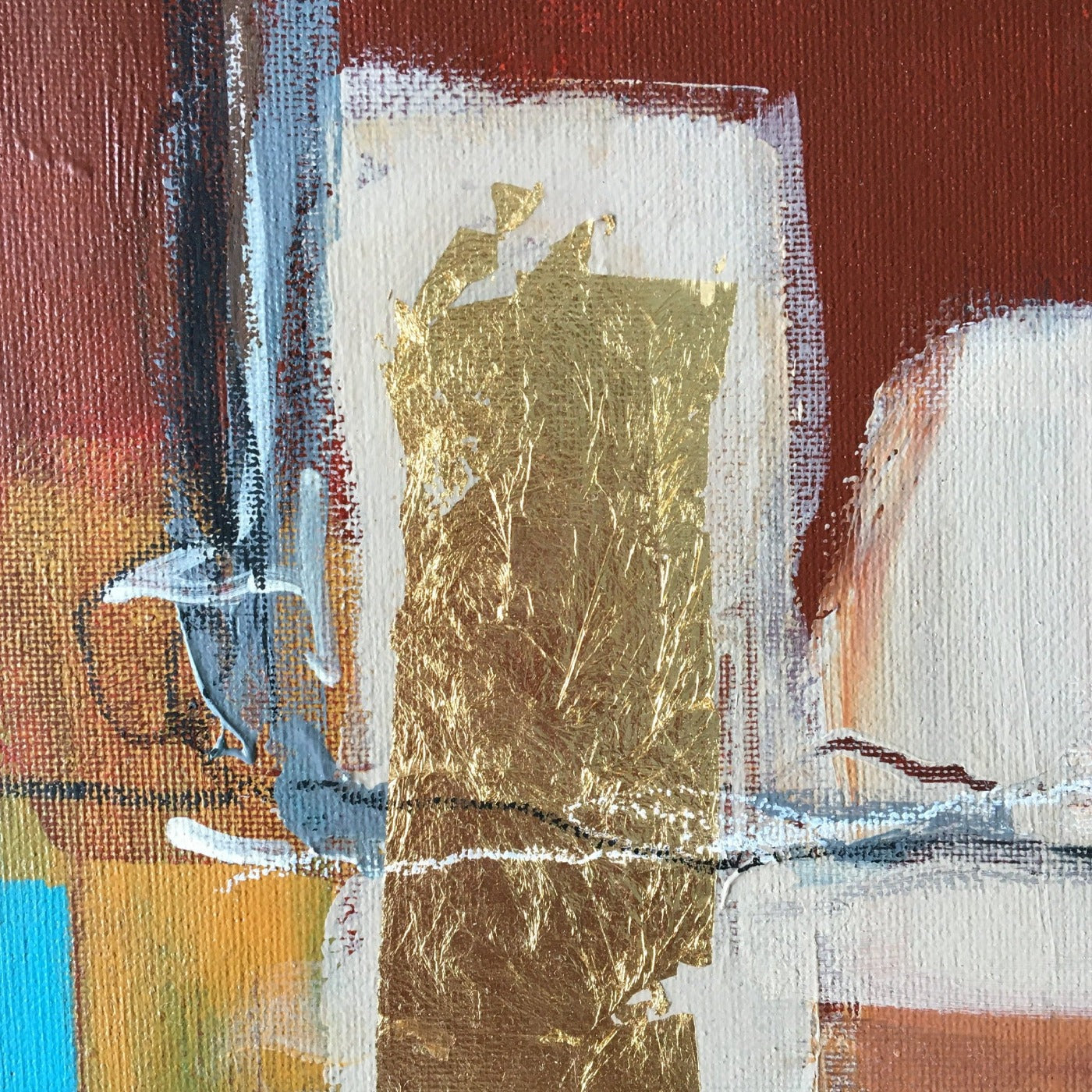 Abstract painting in burnt sienna, light blue, white colors, and gold foil. The artwork is made with acrylic colors and mixed media. Detail