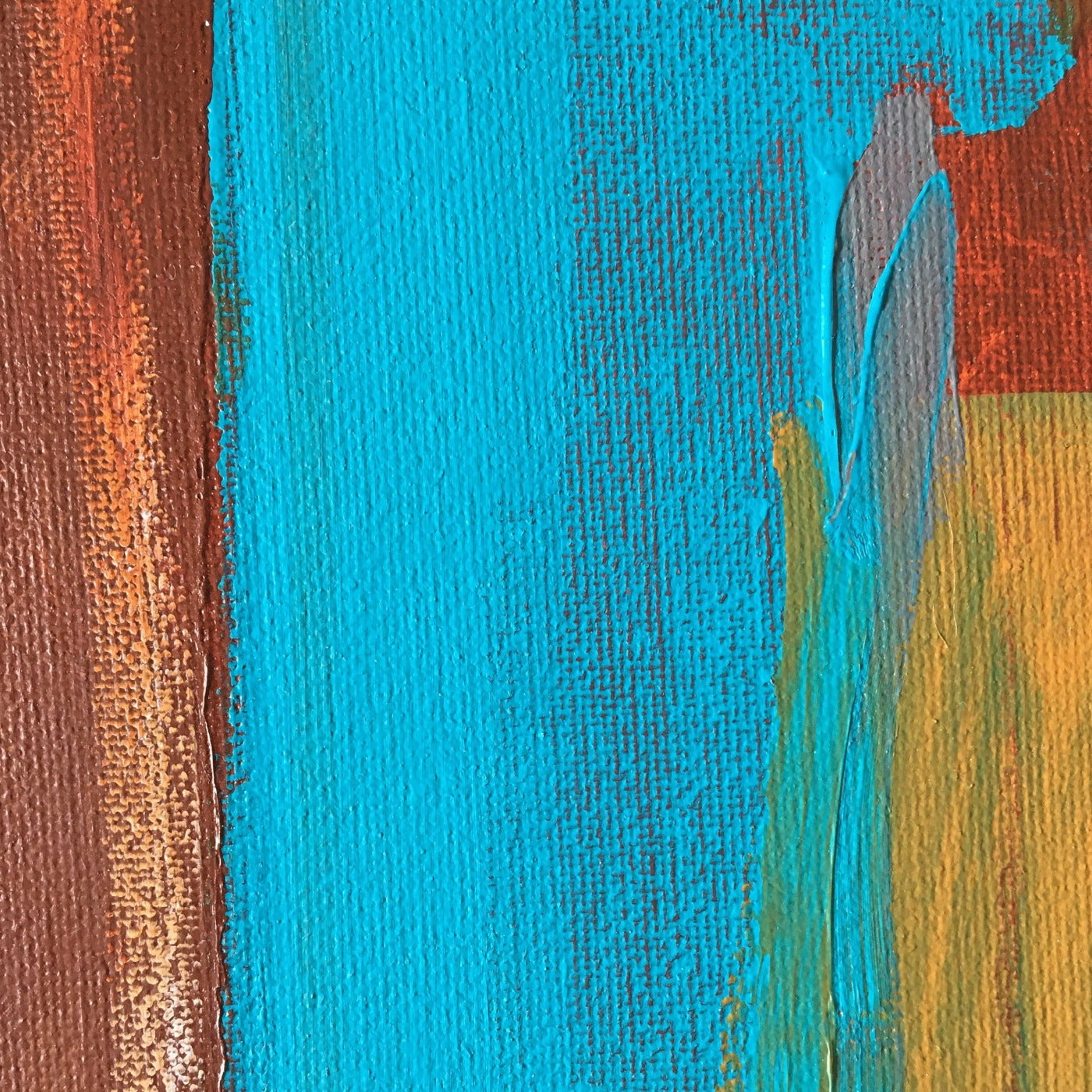 Abstract painting in burnt sienna, light blue, white colors, and gold foil. The artwork is made with acrylic colors and mixed media. Detail