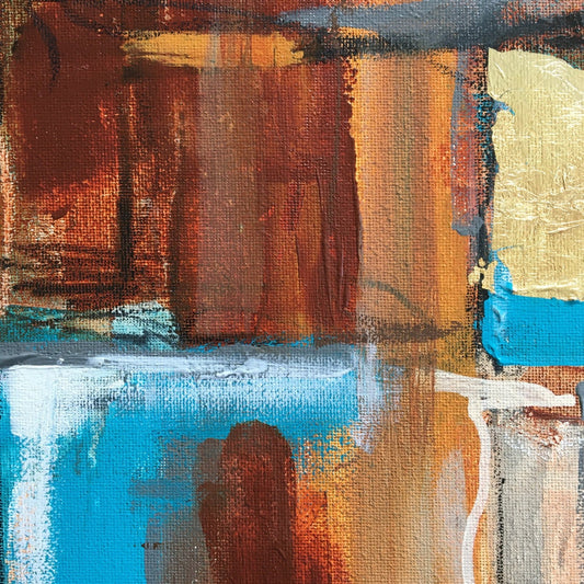 Abstract painting in burnt sienna, light blue, white colors, and gold foil. The artwork is made with acrylic colors and mixed media. Detail