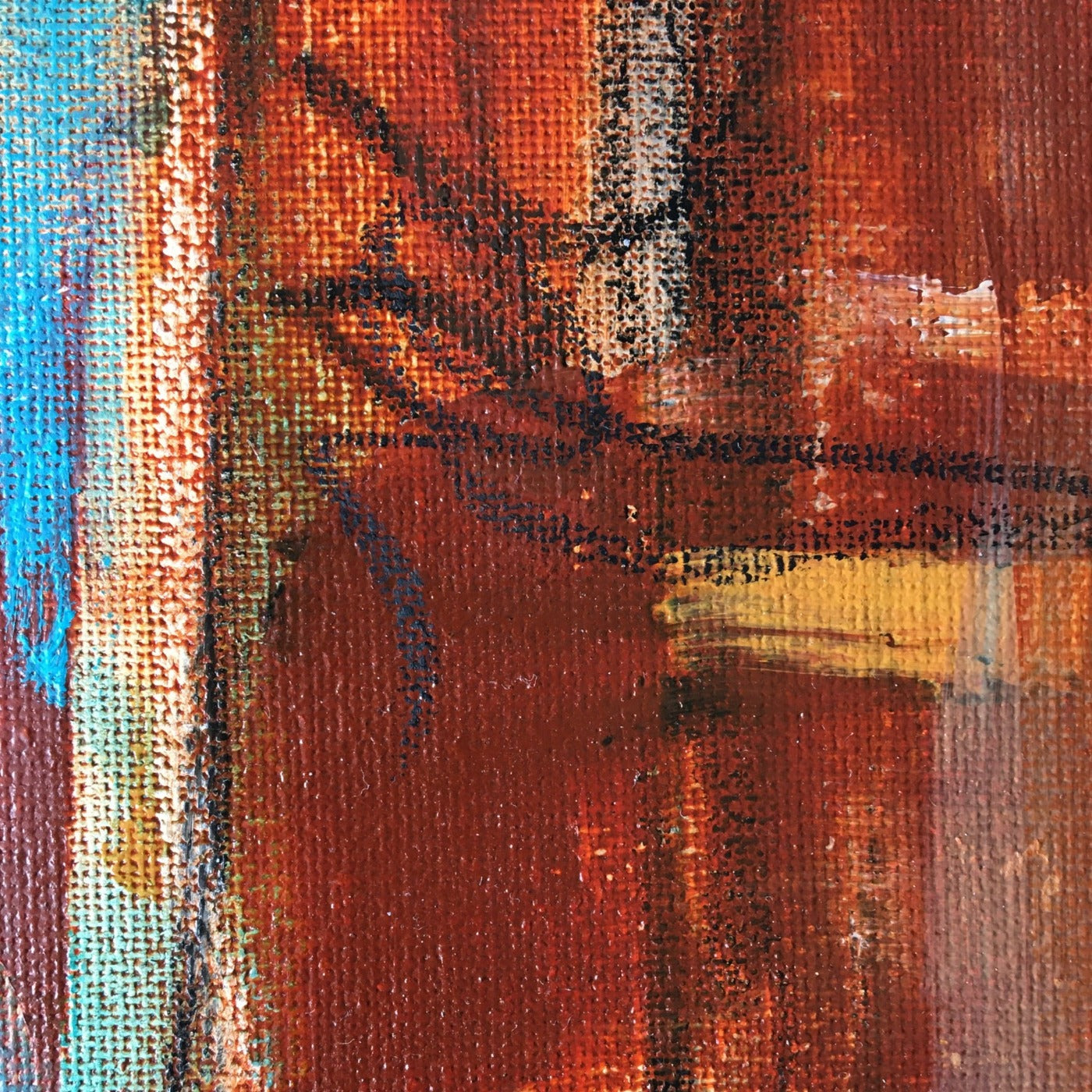 Abstract painting in burnt sienna, light blue, white colors, and gold foil. The artwork is made with acrylic colors and mixed media. Detail