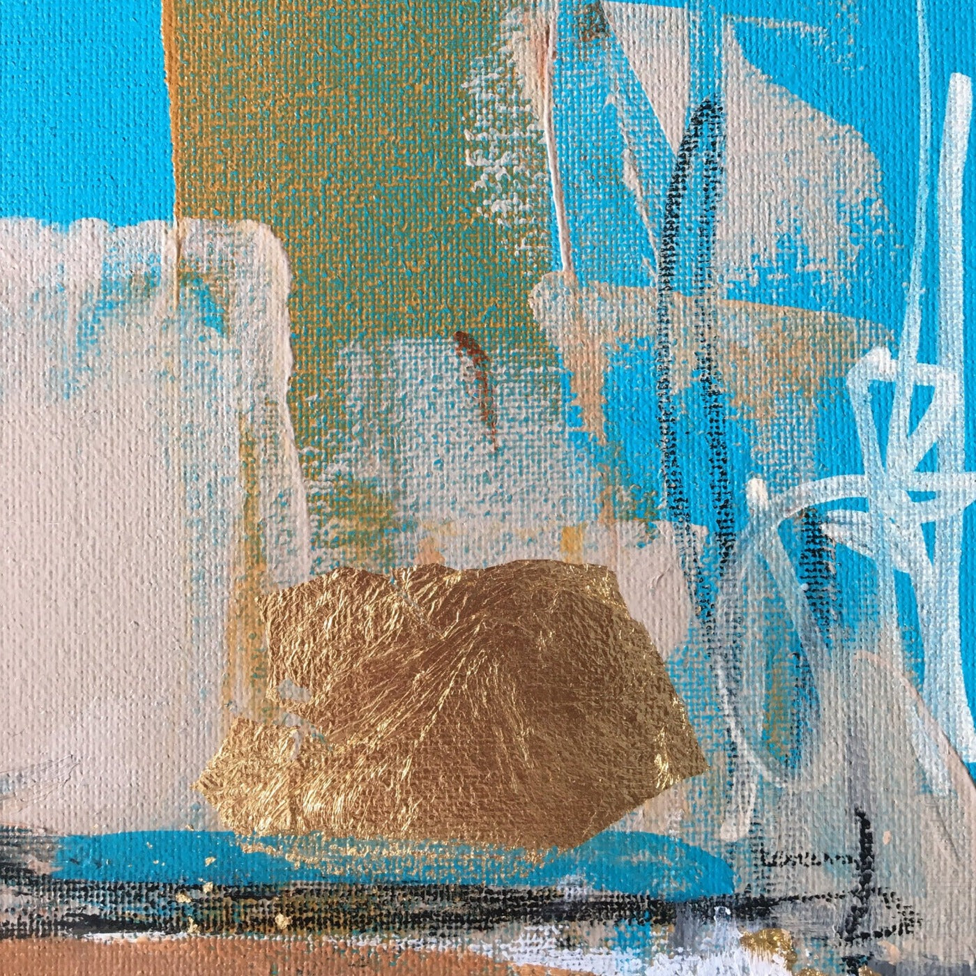 Abstract painting in burnt sienna, light blue, white colors, and gold foil. The artwork is made with acrylic colors and mixed media. Detail