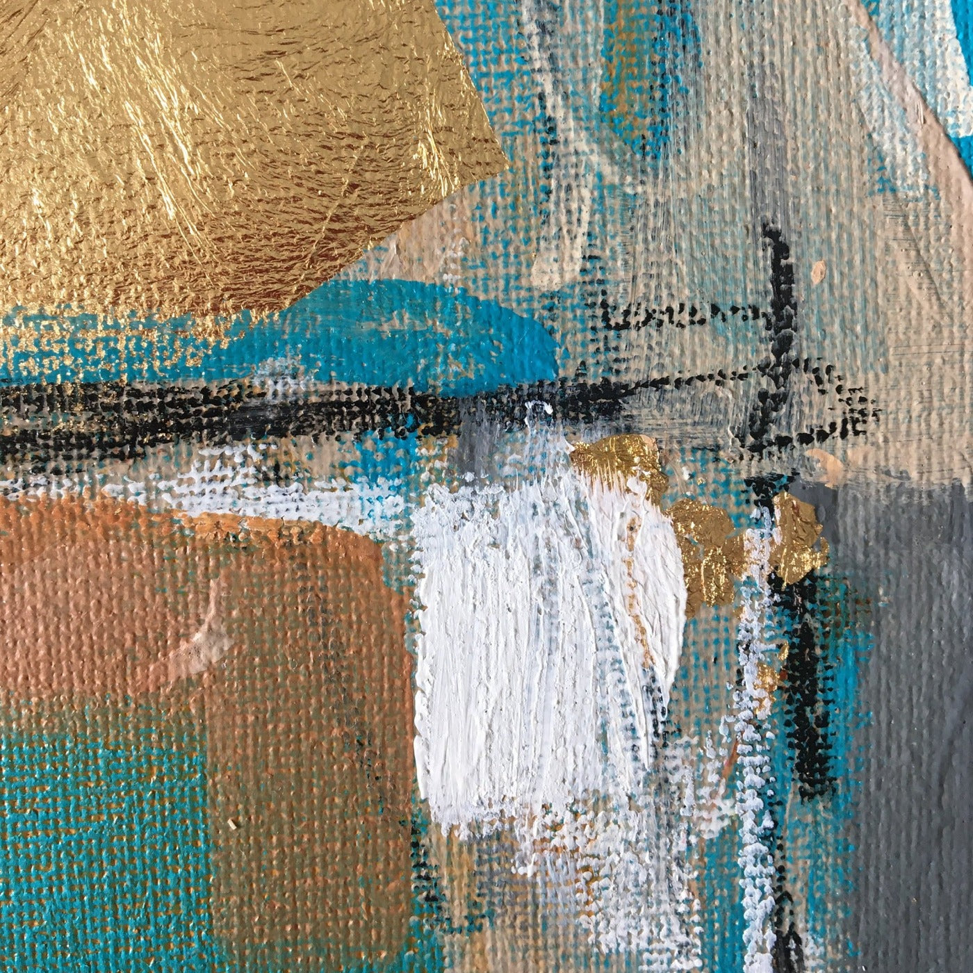 Abstract painting in burnt sienna, light blue, white colors, and gold foil. The artwork is made with acrylic colors and mixed media. Detail