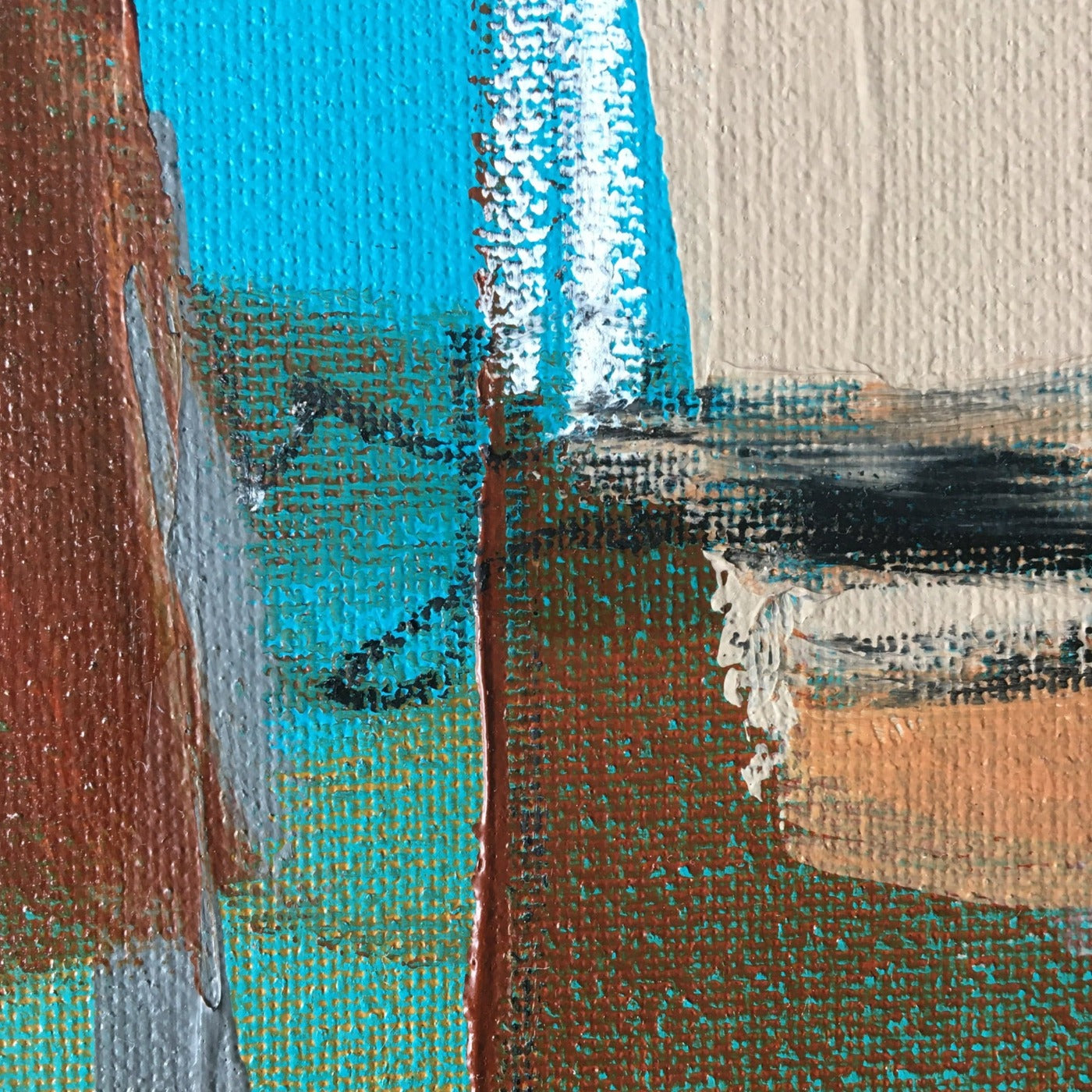 Abstract painting in burnt sienna, light blue, white colors, and gold foil. The artwork is made with acrylic colors and mixed media.