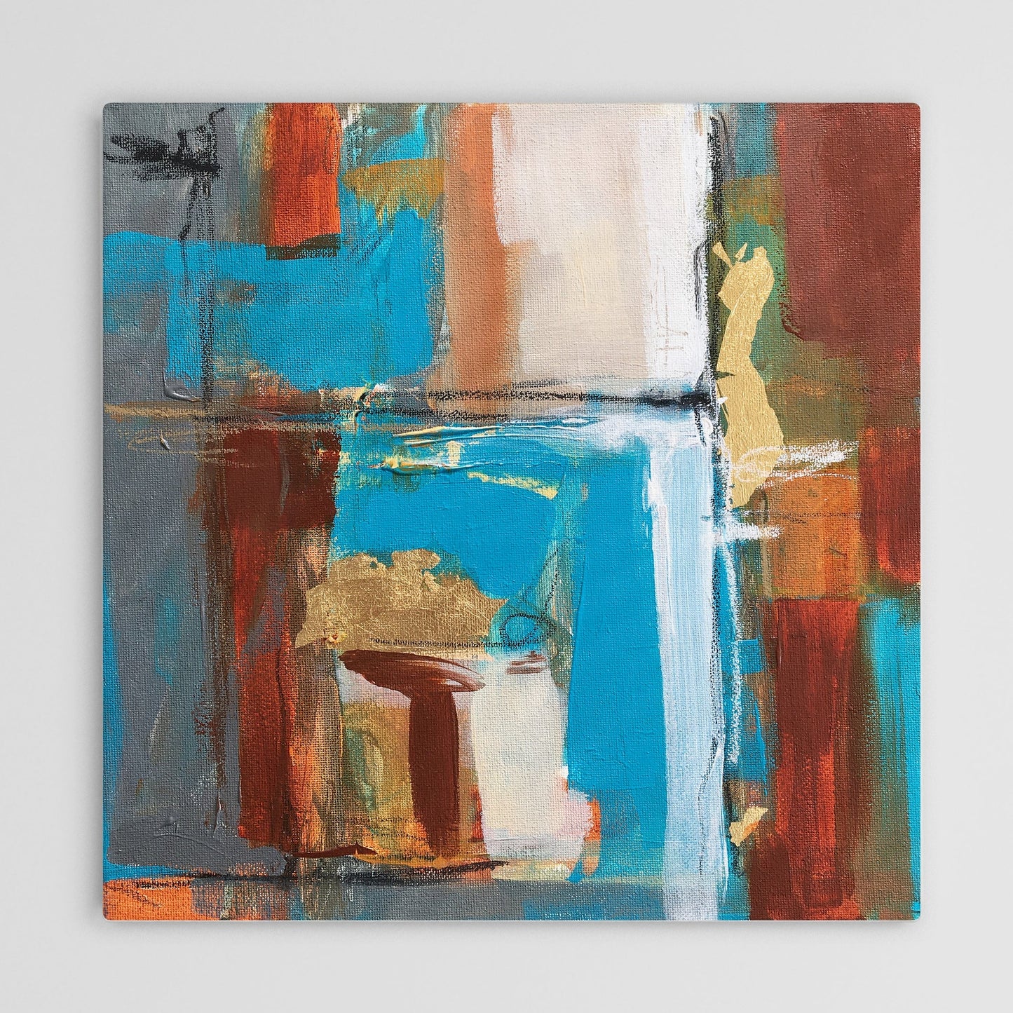 Abstract painting in burnt sienna, light blue, white colors, and gold foil. The artwork is made with acrylic colors and mixed media.