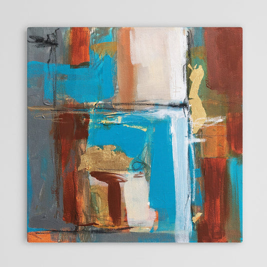 Abstract painting in burnt sienna, light blue, white colors, and gold foil. The artwork is made with acrylic colors and mixed media.