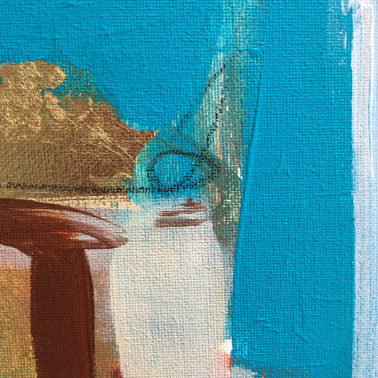 Abstract painting in burnt sienna, light blue, white colors, and gold foil. The artwork is made with acrylic colors and mixed media. Detail