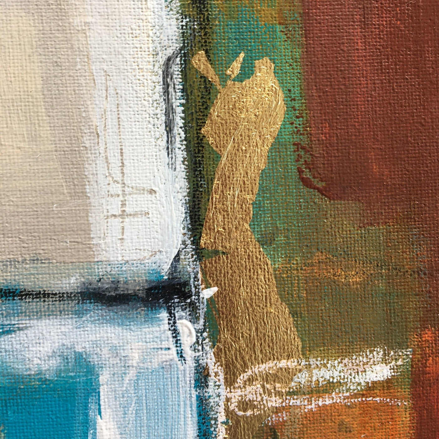 Abstract painting in burnt sienna, light blue, white colors, and gold foil. The artwork is made with acrylic colors and mixed media. Detail