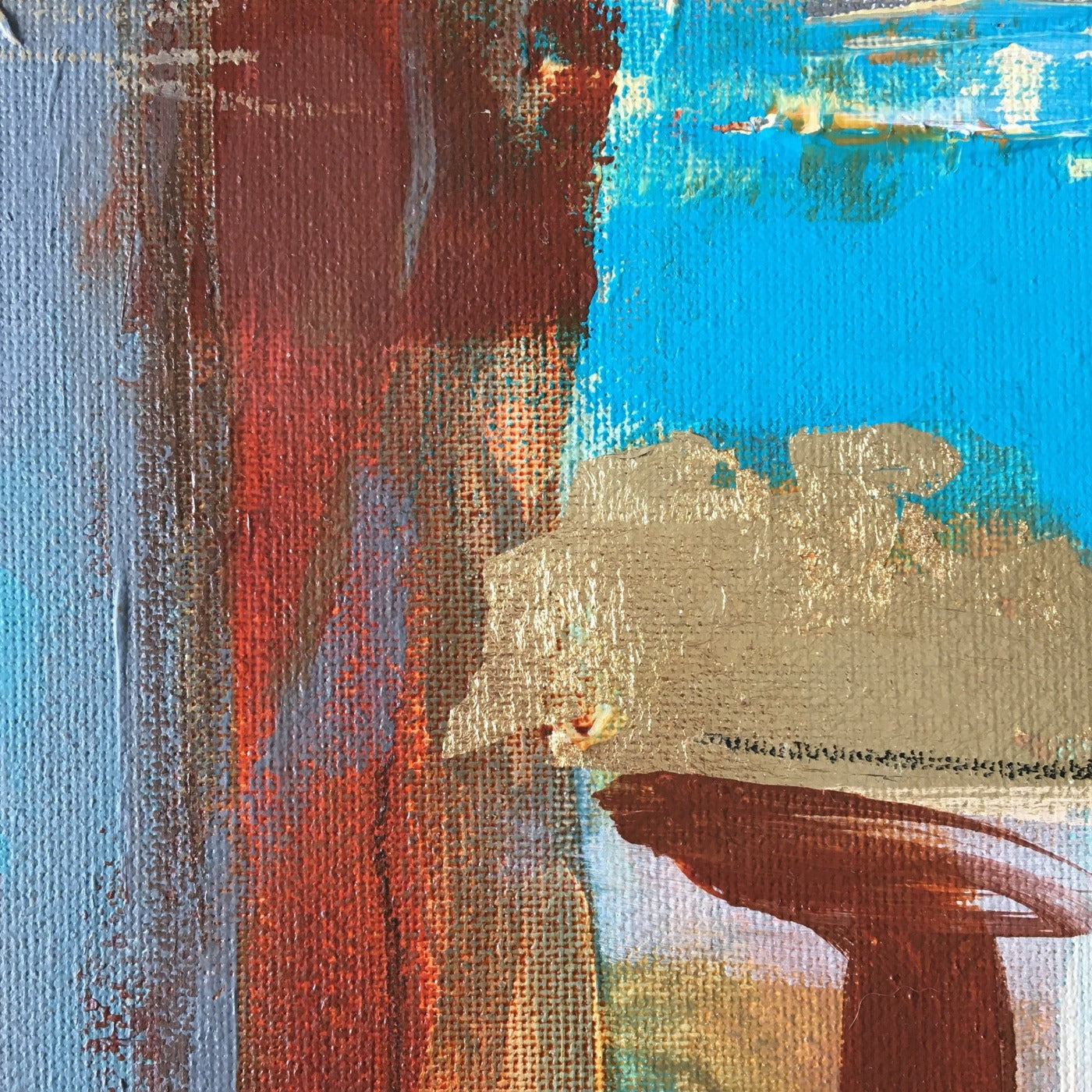 Abstract painting in burnt sienna, light blue, white colors, and gold foil. The artwork is made with acrylic colors and mixed media.