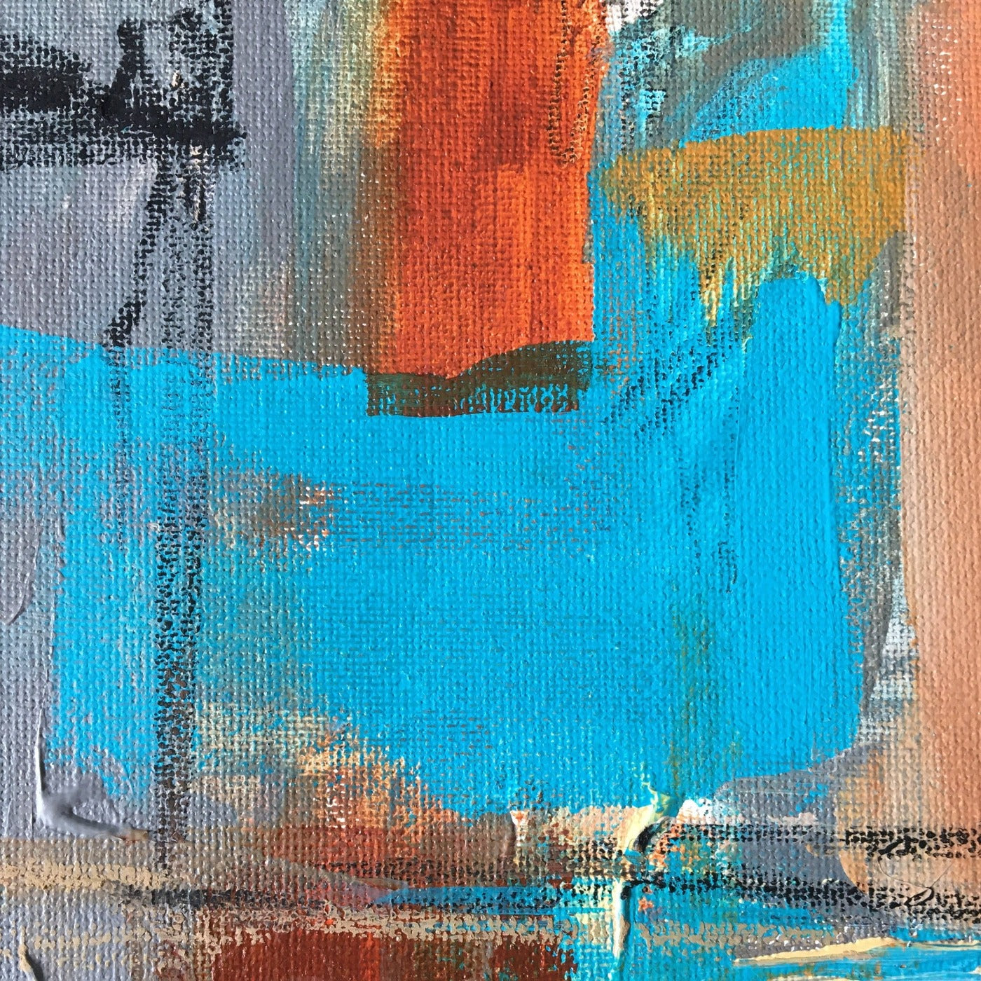 Abstract painting in burnt sienna, light blue, white colors, and gold foil. The artwork is made with acrylic colors and mixed media. Detail