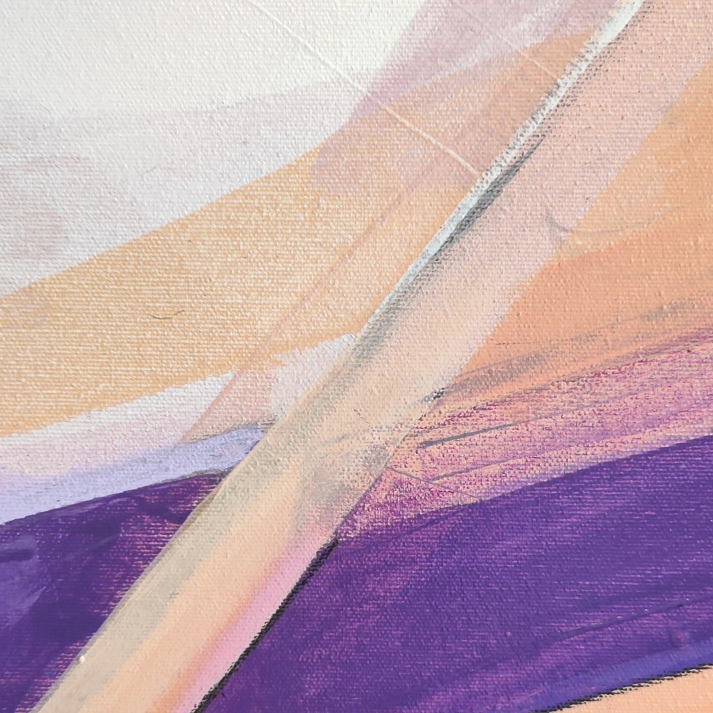 One-of-a-kind abstract artwork. Acrylic on canvas. Portrait rose, lilac, white, black, and Persian rose colors. Stretched canvas. Ready to hang. Unframed artwork for modern interiors. The artist's personal story about the landscape. Detail 