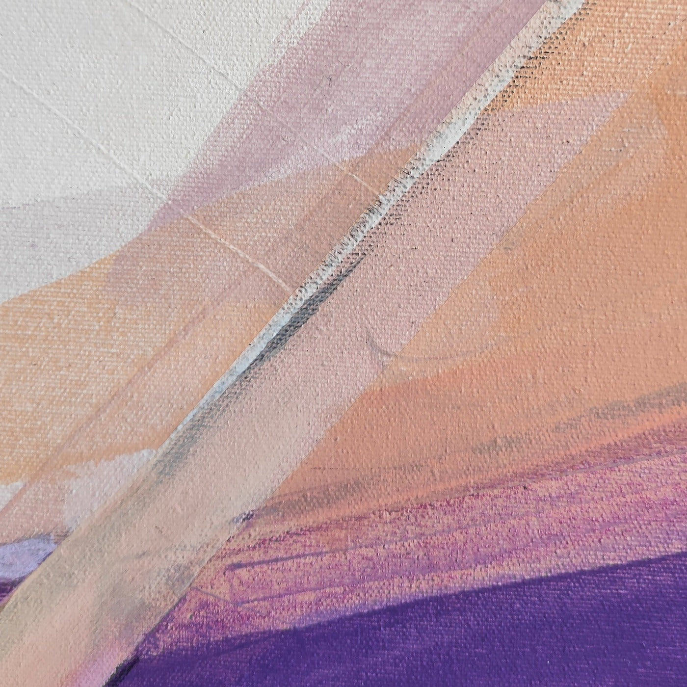 One-of-a-kind abstract artwork. Acrylic on canvas. Portrait rose, lilac, white, black, and Persian rose colors. Stretched canvas. Ready to hang. Unframed artwork for modern interiors. The artist's personal story about the landscape. Detail