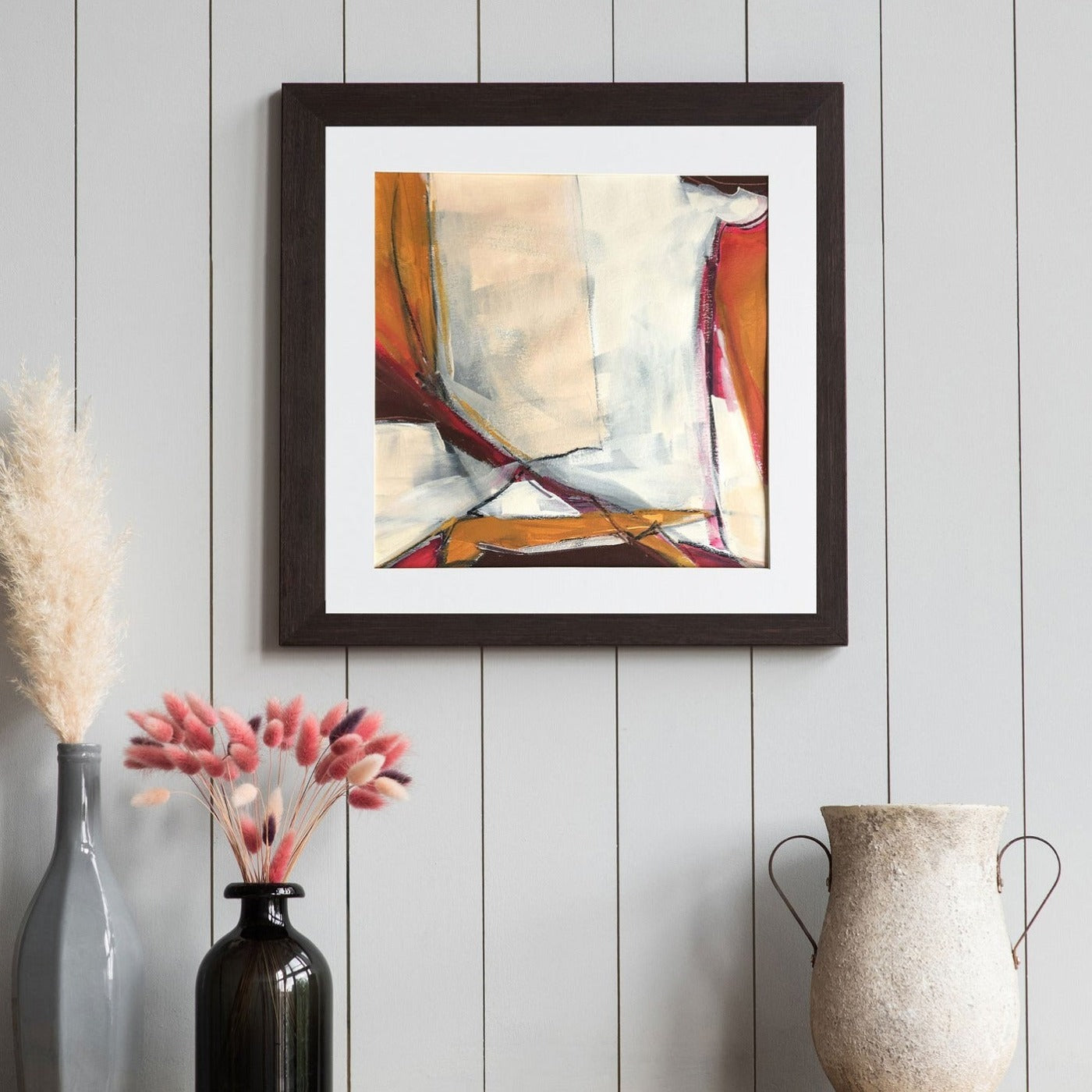 Mocup by kite_rin. 35x35cm 13.7"x13.7" Acrylic | Mixed Media on paper. One-of-a-kind mixed media artwork in warm gray, white, Naples yellow light, red, raw sienna, and black colors. Intuitive composition in the artist's art practice. Framed in black, matt paper frame. Mockup