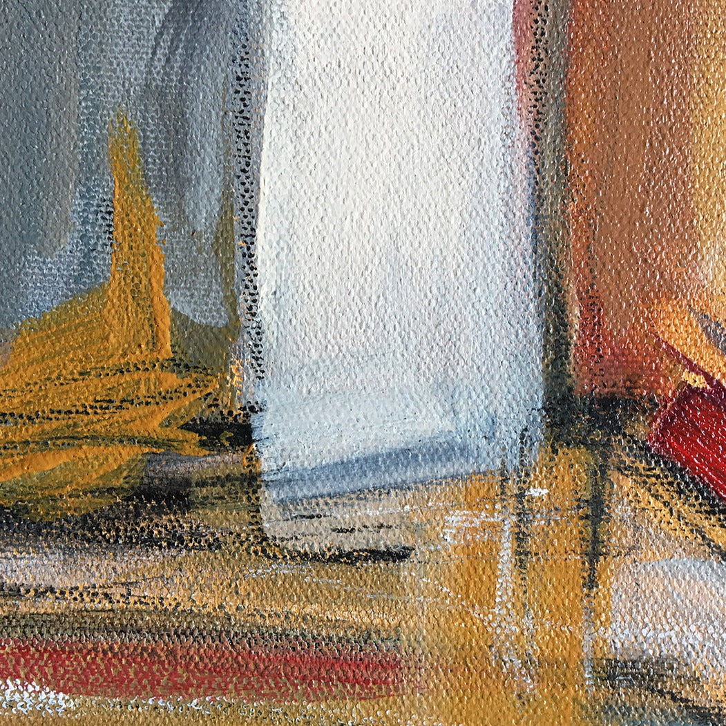 Abstract painting in raw sienna, gray, white and red color. The painting is made of acrylic color and mixed media. Detail.